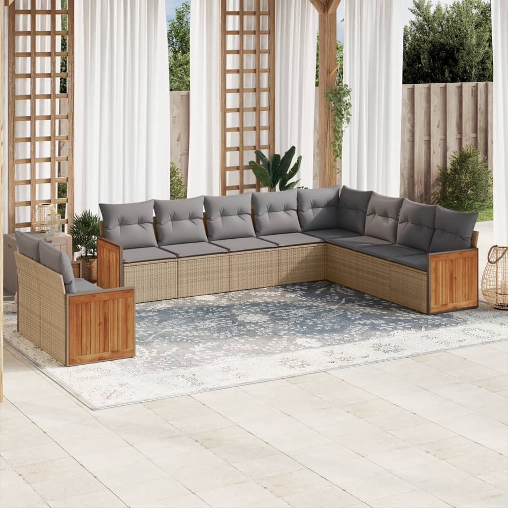 Salon de jardin avec coussins 10 pcs beige résine tressée