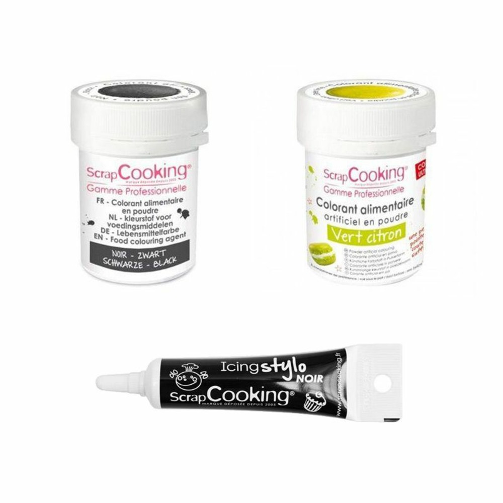 2 colorants alimentaires noir-vert citron + stylo glaçage noir