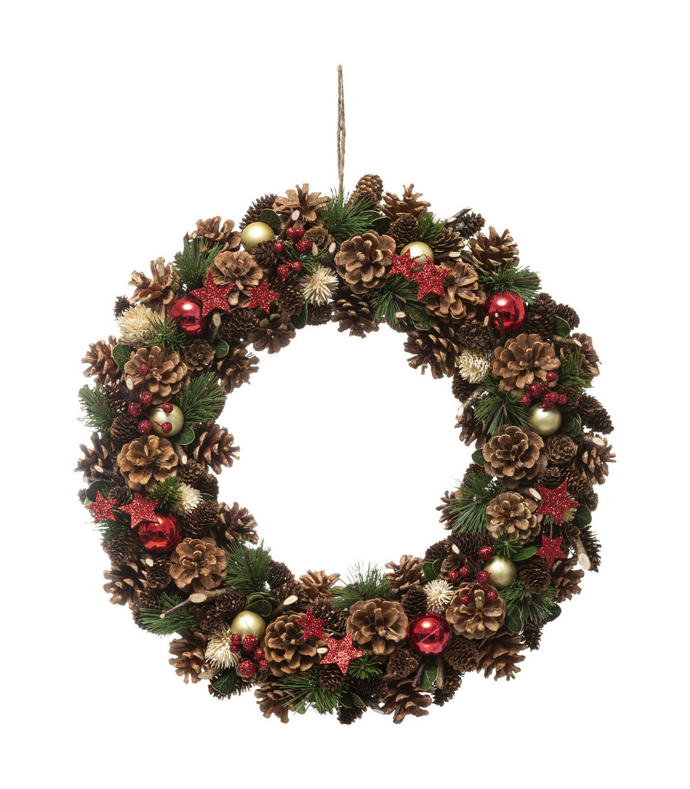 Couronne de noël avec houx pomme de pins et étoiles paillettes rouge d 50 cm