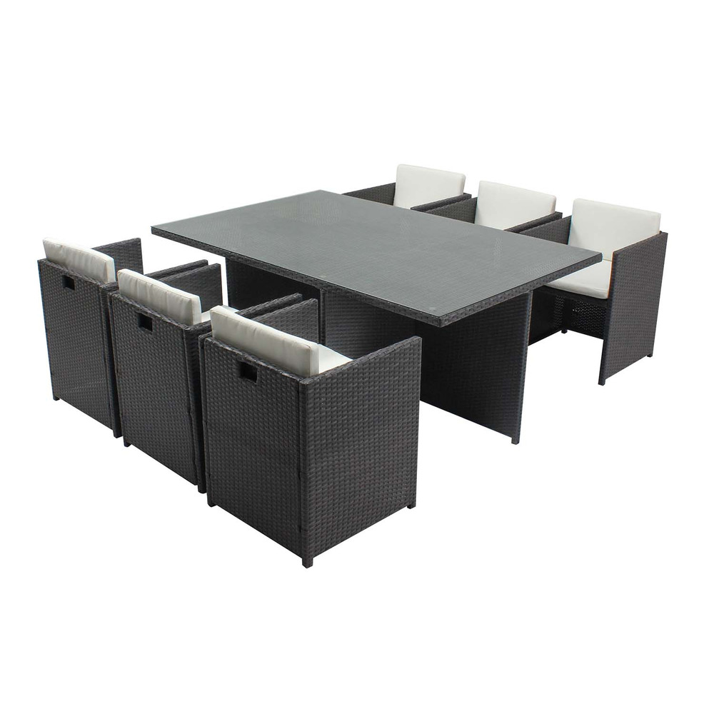 Table et chaises 6 places encastrables en résine gris-blanc miami