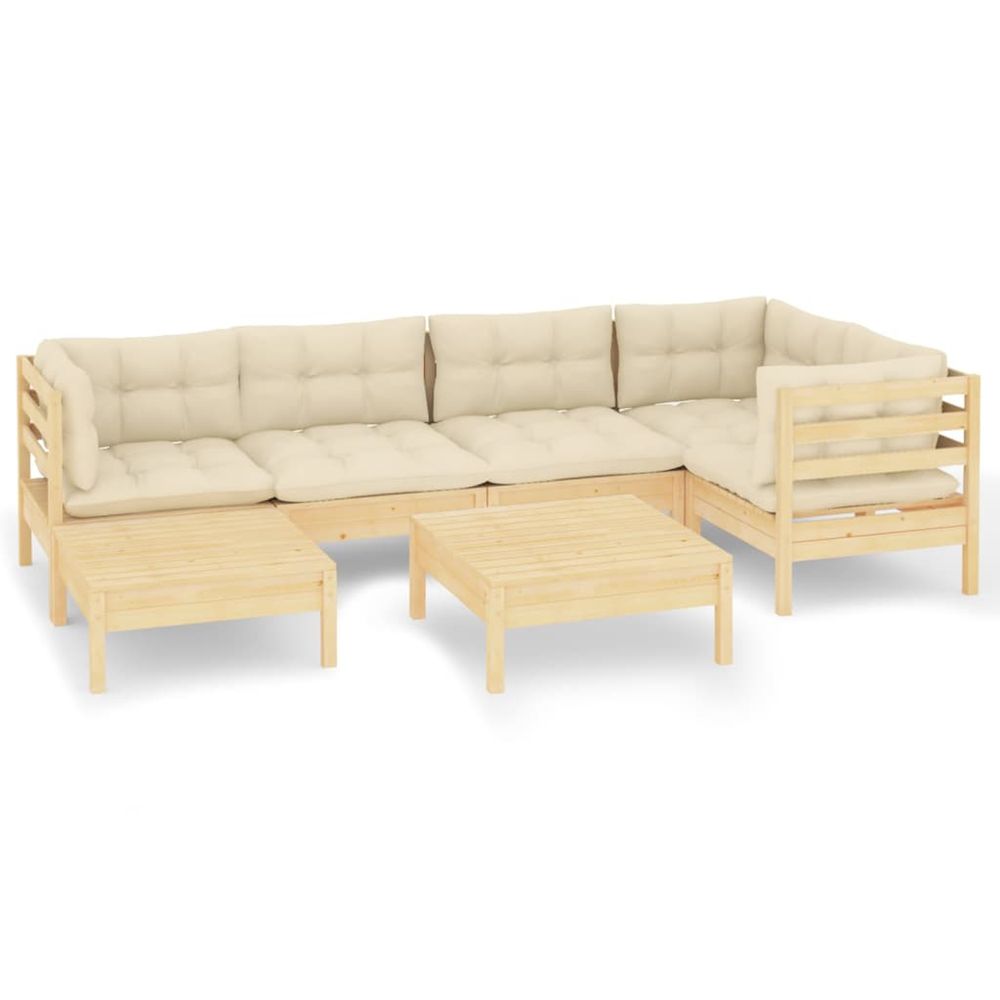 Salon de jardin 7 pcs avec coussins crème bois de pin massif