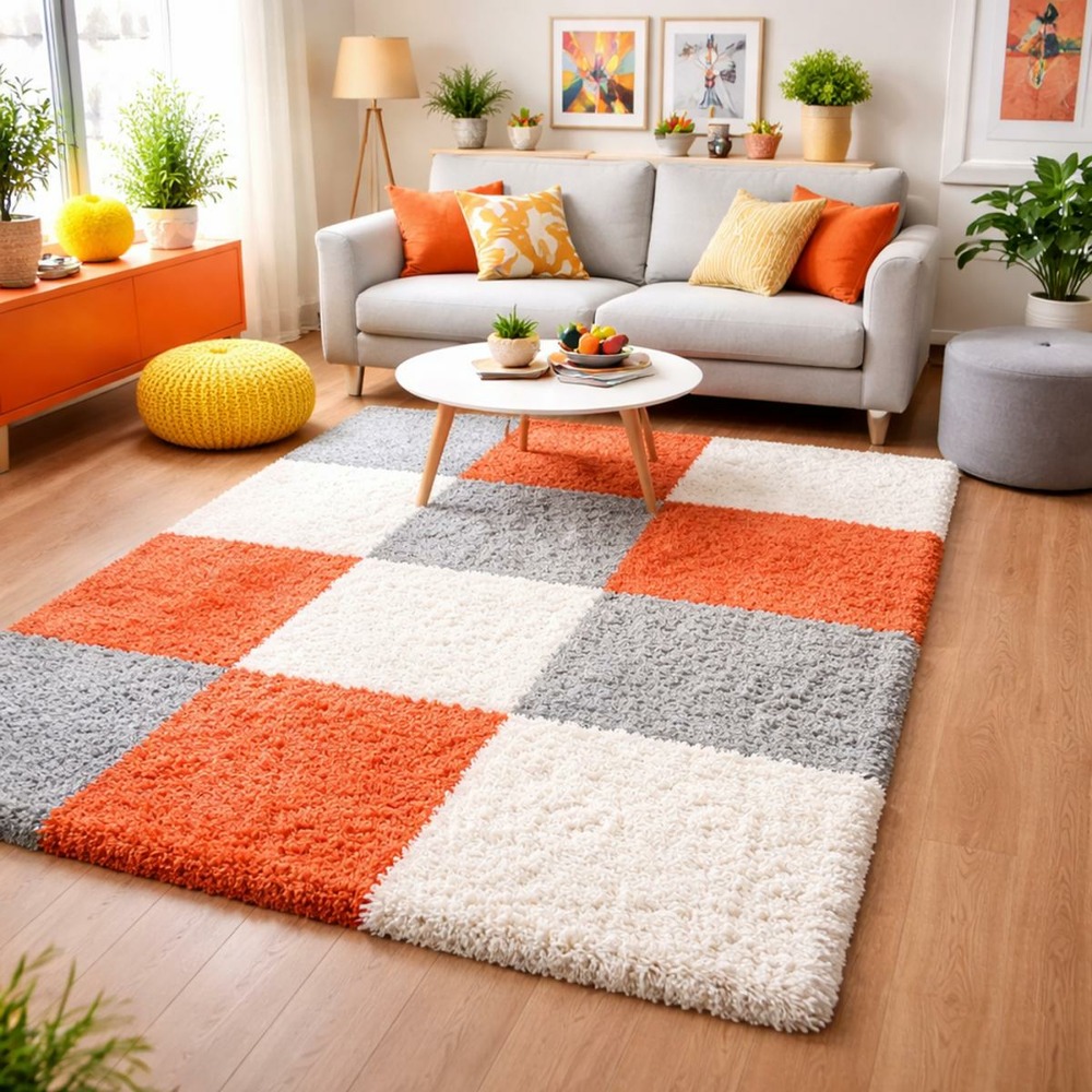 Tapis poils longs shaggy 200x290 rectangle tissé orange et gris motif damier