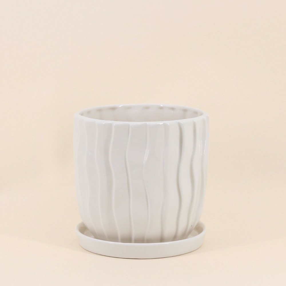 Cache-pot strié beige 20cm avec plateau