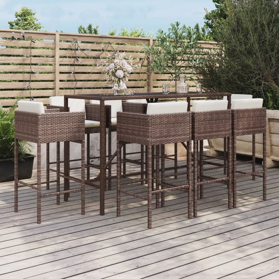 Ensemble de bar de jardin 9 pcs avec coussins marron poly rotin