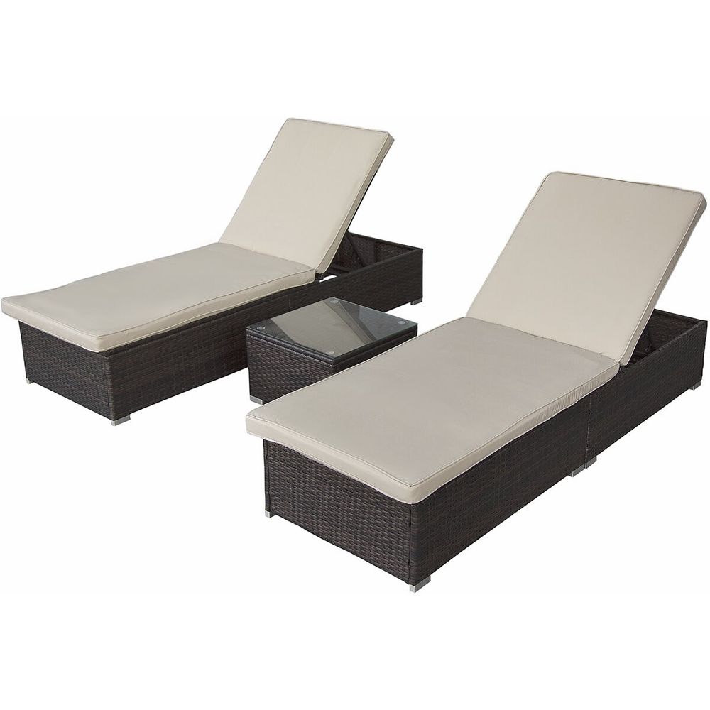 Lot de 2 bains de soleil en résine tressée avec coussins et table basse 
