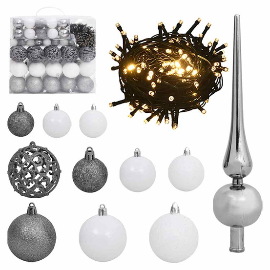 Set de boules de noël avec pic et 300 led 120pcs blanc et gris