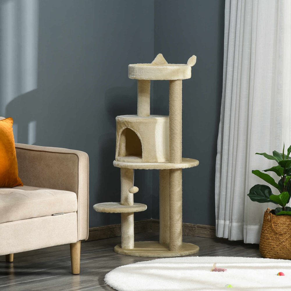 Arbre à chats multi-équipements griffoirs grattoirs plateformes niche jeu boule suspendue ø 48 x 104h cm crème