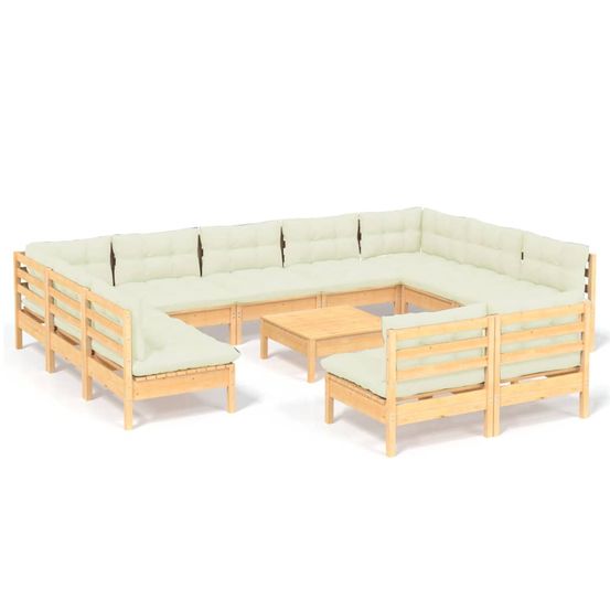 Salon de jardin 12 pcs avec coussins crème bois de pin massif