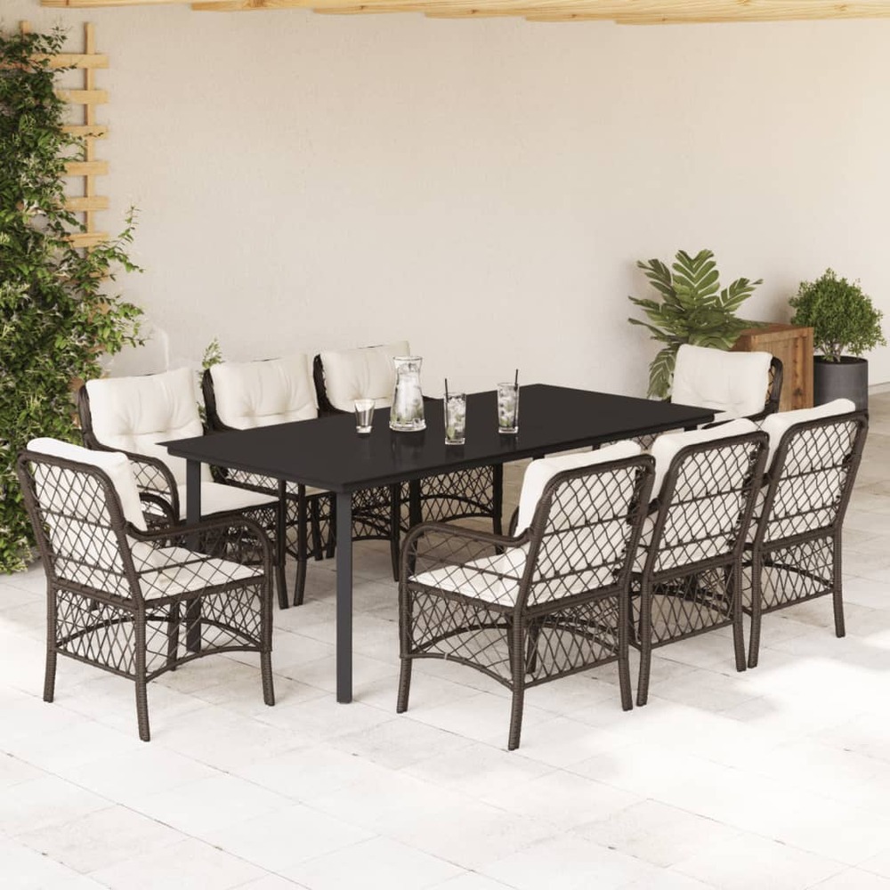 Ensemble à manger de jardin et coussins 9 pcs marron poly rotin