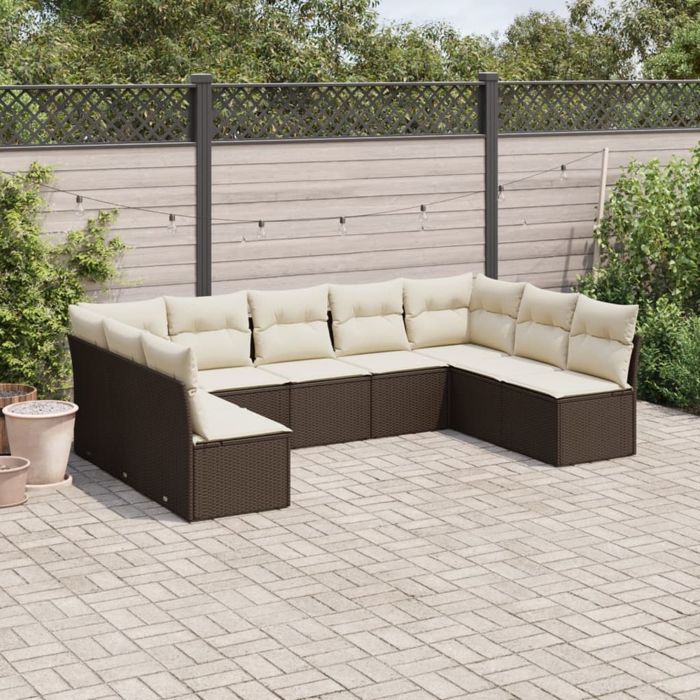 Salon de jardin avec coussins 9 pcs marron résine tressée