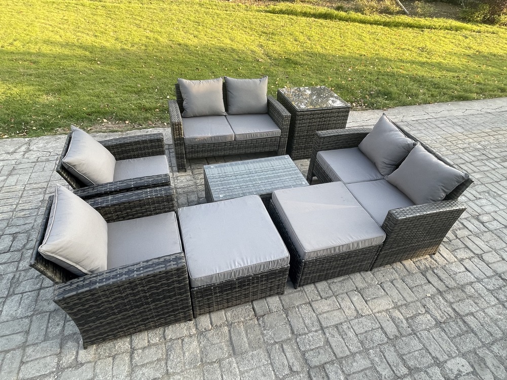 Mobilier de jardin extérieur 8 pièces ensemble de canapé en rotin ave table basse gris foncé