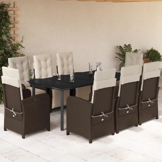 Ensemble à manger de jardin et coussins 9 pcs marron poly rotin