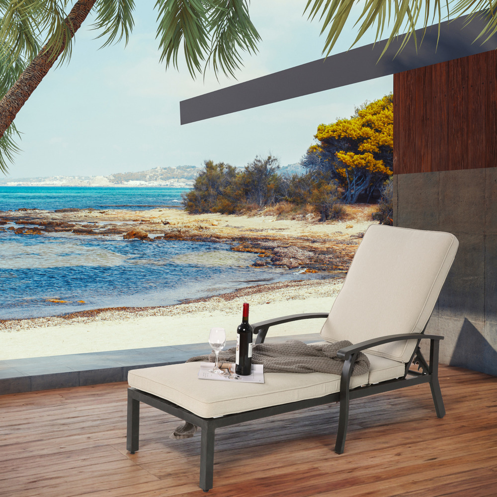 Chaise longue de patio avec coussin en coton, avec coussin beige imperméable (1pc)