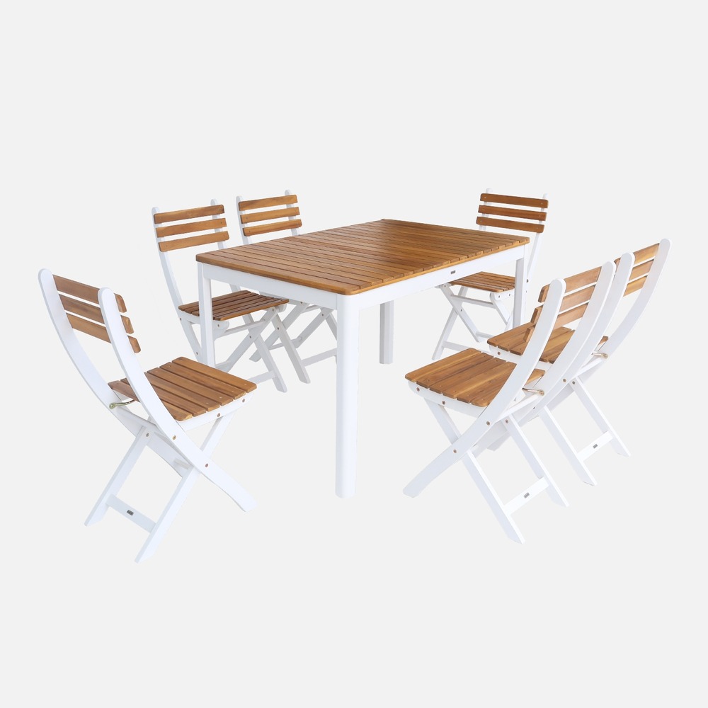 Table de jardin acacia avec coins arrondis. 6 chaises. Blanc. 120 x 80 x 75 cm