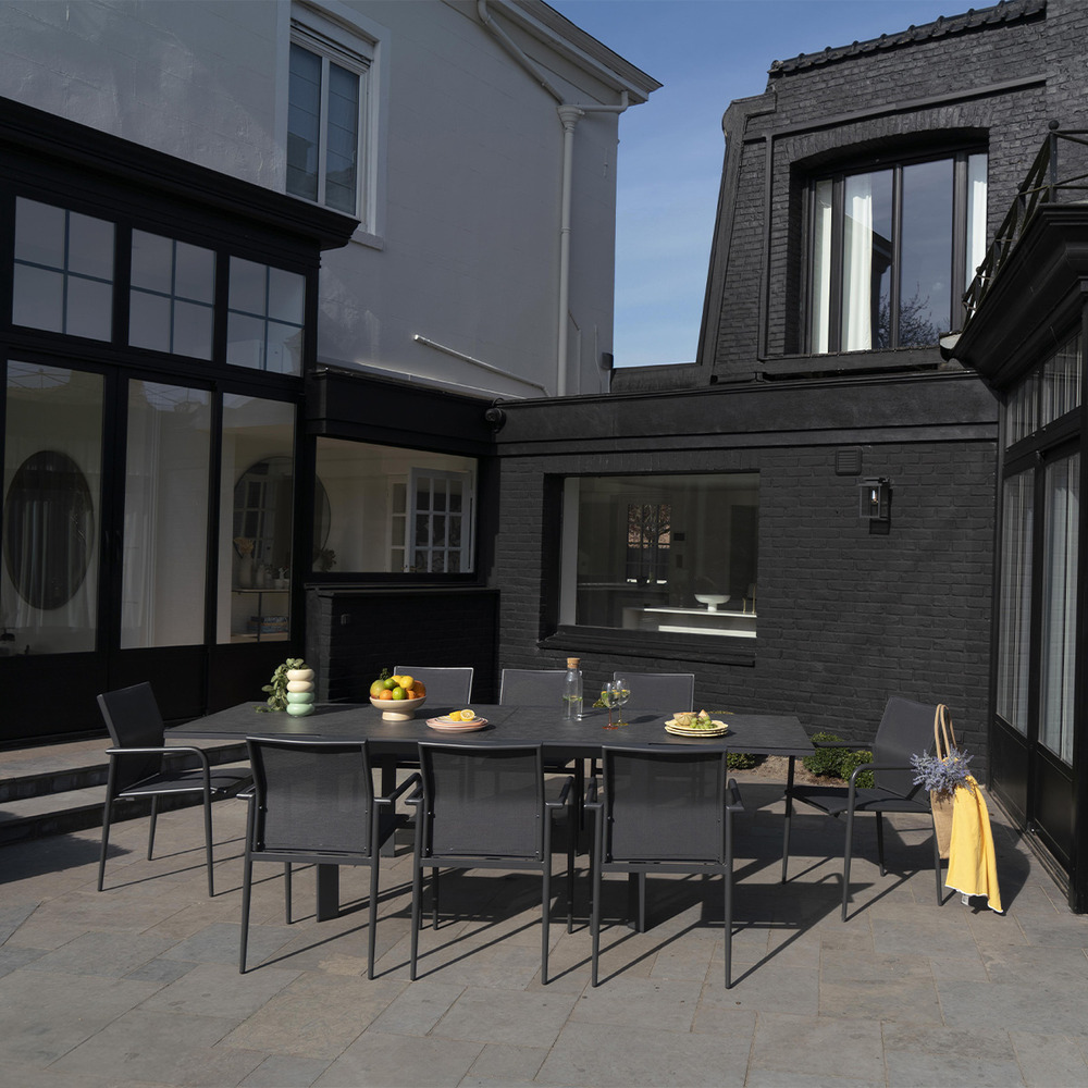 Ensemble 6/10p en aluminium et plateau en verre gris avec 8 fauteuils modulo