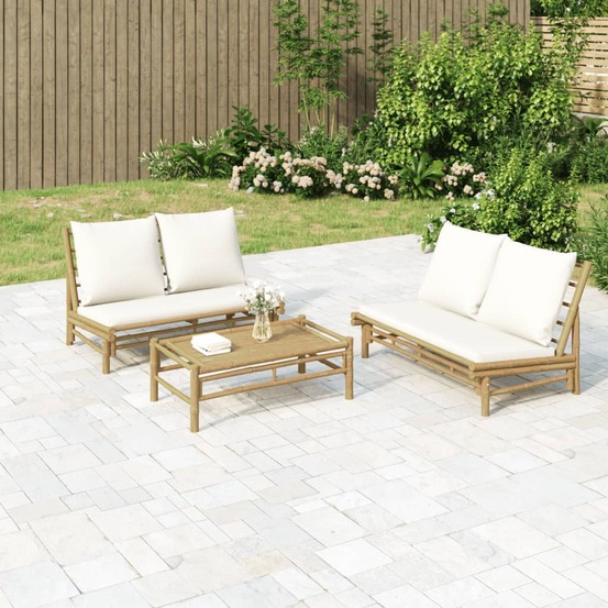Salon de jardin 2 pcs avec coussins blanc crème bambou
