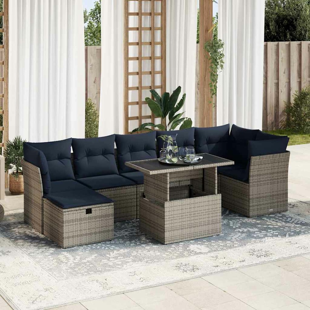 Salon de jardin 8pcs avec coussins gris résine tressée acacia