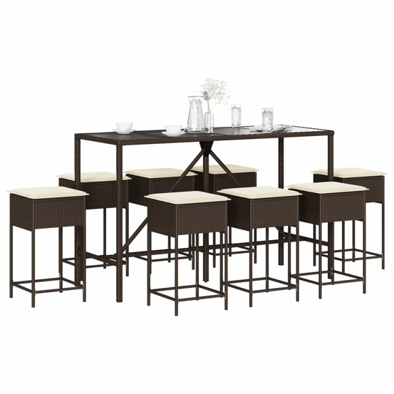 Ensemble de bar de jardin 9 pcs avec coussins marron poly rotin