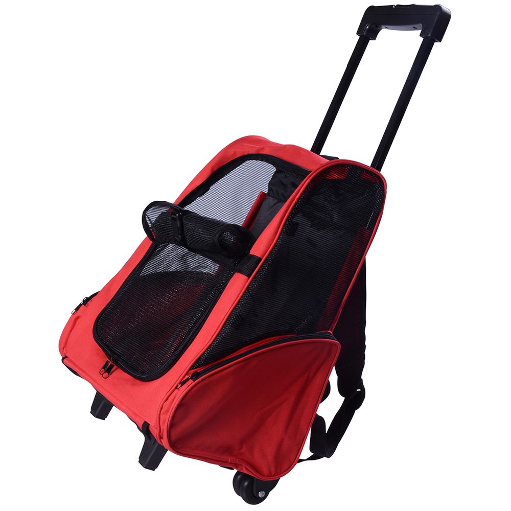 Sac de transport trolley tissu pour animaux 2 en 1 sac à dos aéré rouge 42x25x55cm