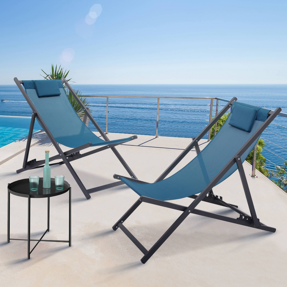 Lot de 2 chiliennes lota en acier et toile textilène bleu canard