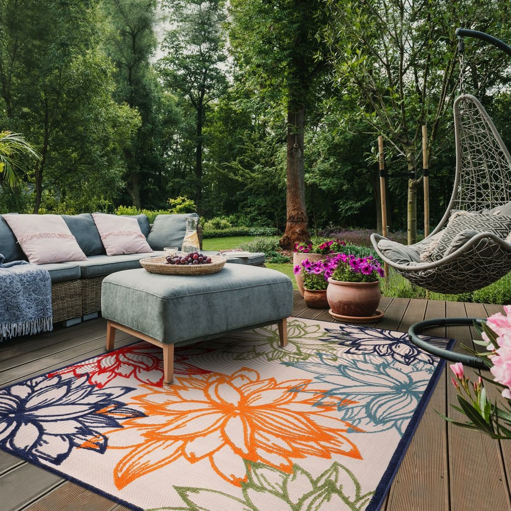 Tapis extérieur ø120cm rond tissé kilim bleu et beige chimeko