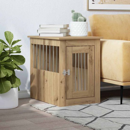 Meuble cage chien 2-en-1 bois acier table d'appoint chêne artisanal 59cm