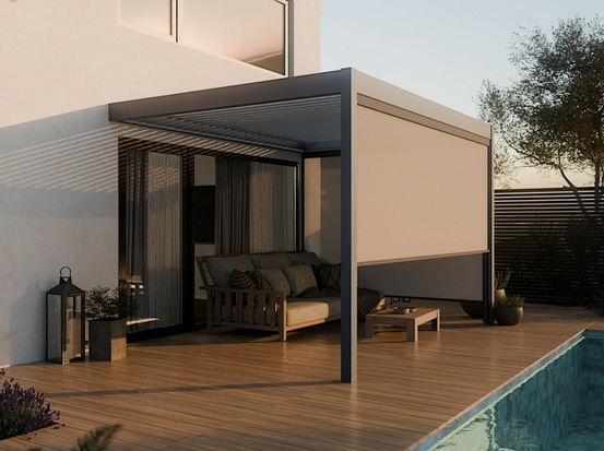 Pergola bioclimatique aluminium adossée 12m² - 3x4m - deux stores - anthracite - 29 lames en acier inclinable à 90 degrés