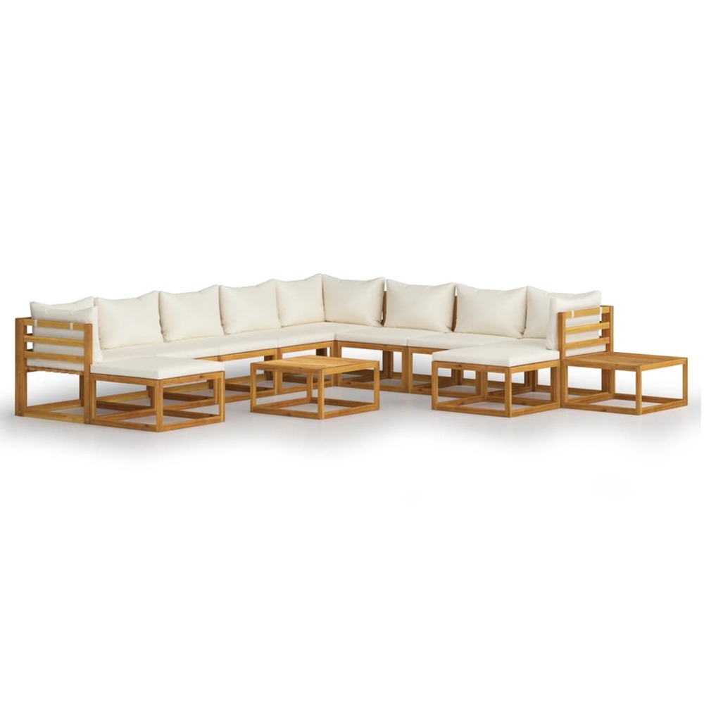 Salon de jardin meuble d'extérieur ensemble de mobilier 12 pièces avec coussin crème bois d'acacia solide