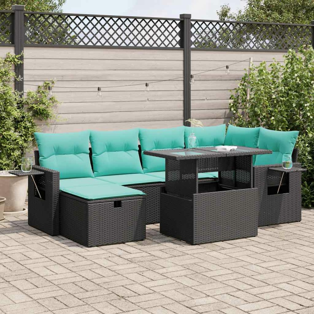 Salon de jardin avec coussins 7 pcs gris résine tressée acacia