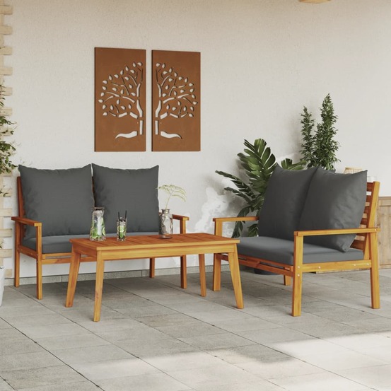 Salon de jardin 3 pcs avec coussins bois massif d'acacia