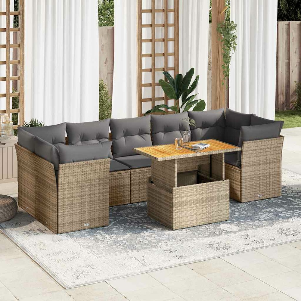Salon de jardin avec coussins 8 pcs beige résine tressée