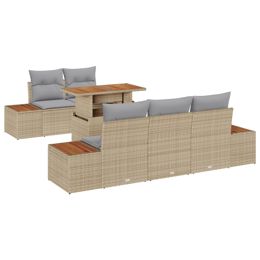 Ensemble de salle à manger de jardin 6 pièces avec coussins beige poly rattan acacia