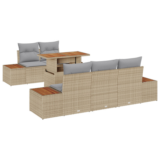 Ensemble de salle à manger de jardin 6 pièces avec coussins beige poly rattan acacia
