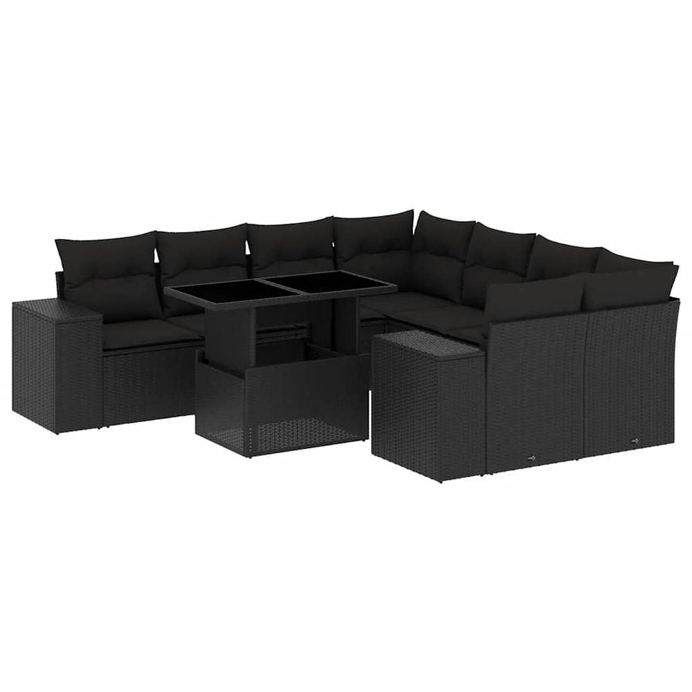 Salon de jardin 9 pcs avec coussins noir résine tressée