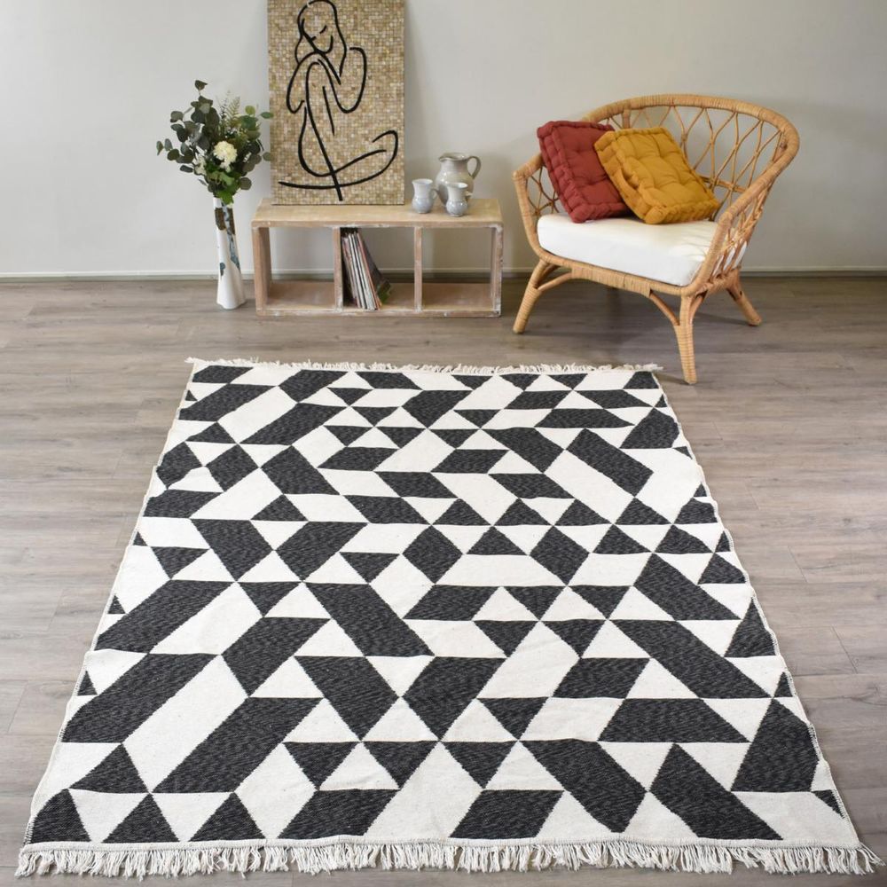 Tapis kilim reversible 160x230 en coton motif géométrique bi crème et noir