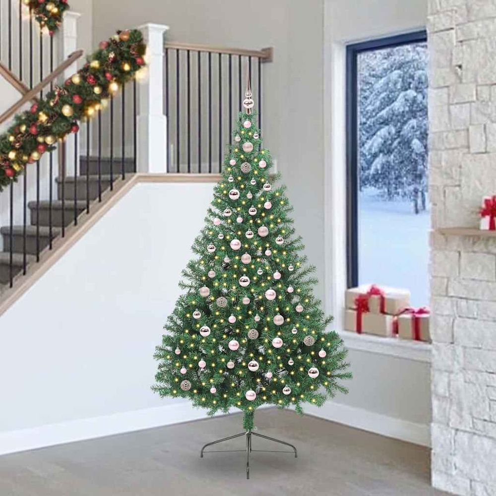 Arbre de noël artificiel haut 240 cm, tout-en-un avec guirlande led et 120 décorations