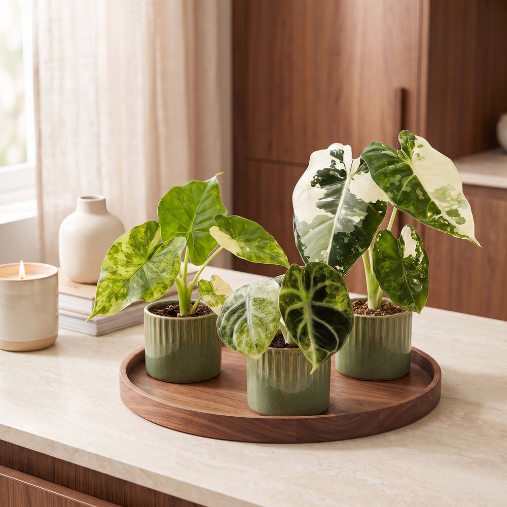 Lot de 3 bébés alocasia panachés : frydek, macrorrhiza et ninja variegata - pot de 6cm - plantes d'intérieur - vert olive