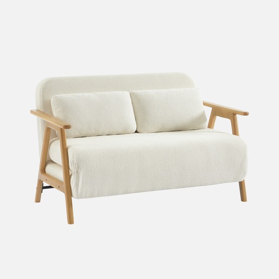 Banquette canapé convertible 2 places bois d'hévéa et bouclette texturée crème l 133 x p 81 x 84cm - sven