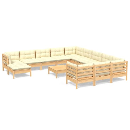 Salon de jardin 13 pcs avec coussins crème bois de pin