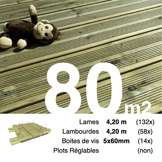 Kit terrasse pin autoclave vert pour 80 m², lames 4,2 m, lambourdes 4,2 m et visserie inox.
