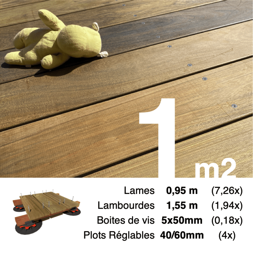 Kit complet terrasse bois exotique ipe pour 1 m², lames 0,95 m, lambourdes 1,55 m, plots réglables et visserie inox.