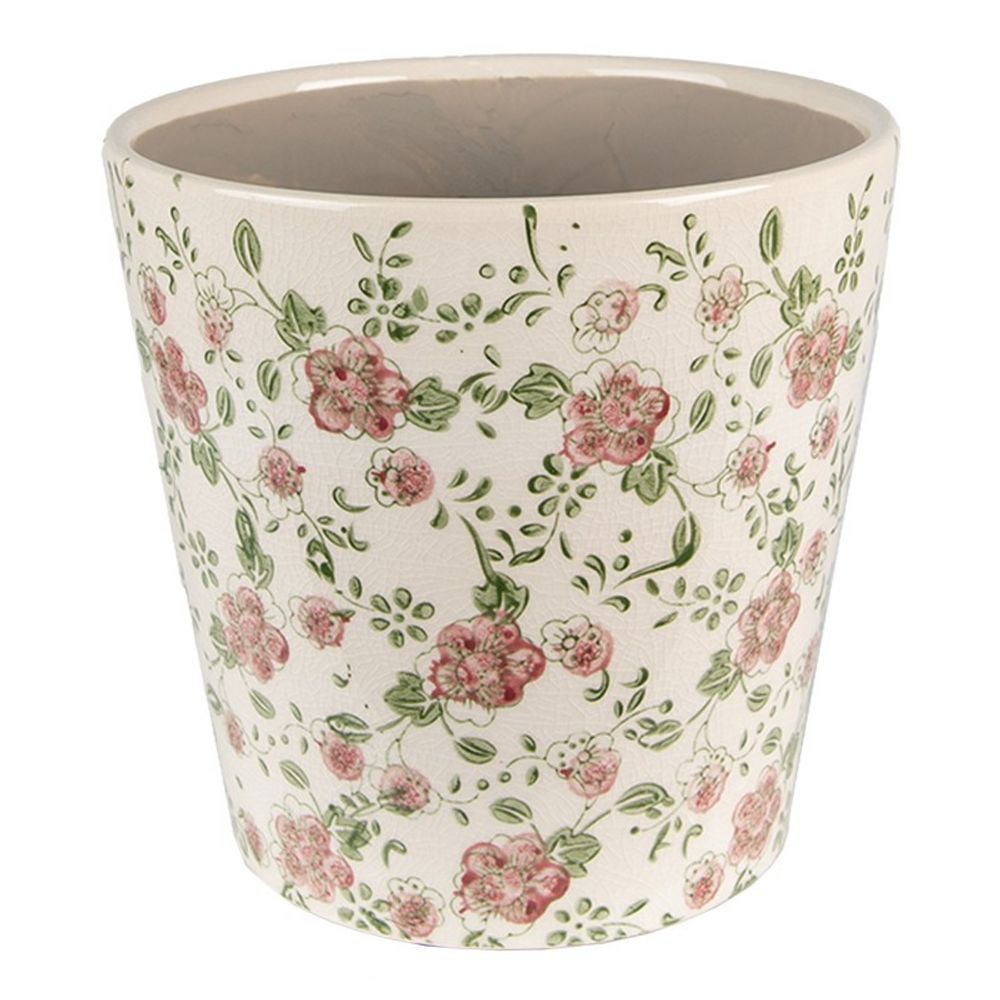 Pot motif floral rose vert céramique beige 17x17x16cm