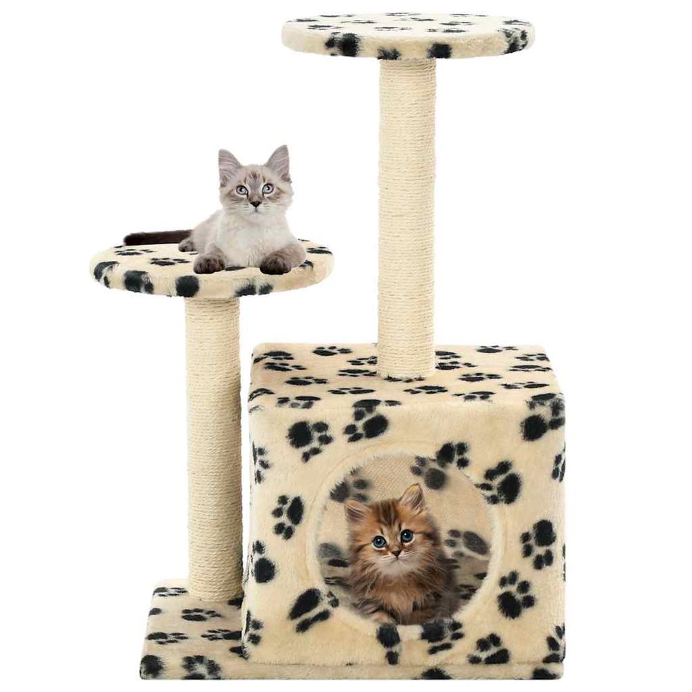 Petit arbre à chat 60 cm griffoir sisal motif pattes pour chaton beige