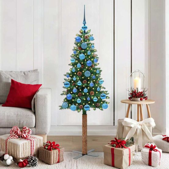 Sapin de noël silhouette fine 150 cm, prêt à l'emploi avec 150 led, pommes de pin et 61 boules