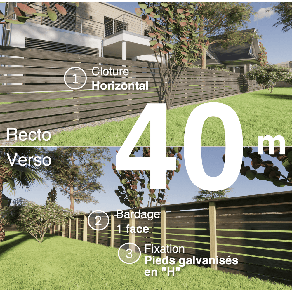 Kit clôture bois moderne 40m – h 0,9m – 20 x 70 mm noir par trempage – pose horizontal – simple face – support galva