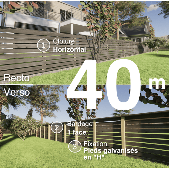 Kit clôture bois moderne 40m – h 0,9m – 20 x 70 mm noir par trempage – pose horizontal – simple face – support galva