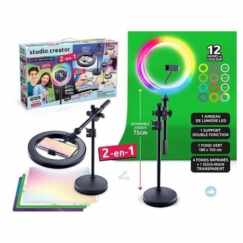 Studio vidéo 2 en 1 avec anneau lumineux led multicolore, support double fonction