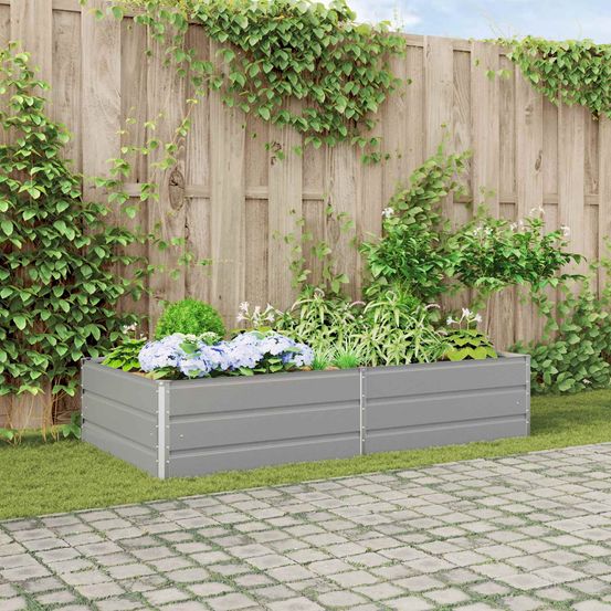 Grand bac à fleurs carré acier galvanisé pour terrasse design moderne 195x100x45 cm gris clair