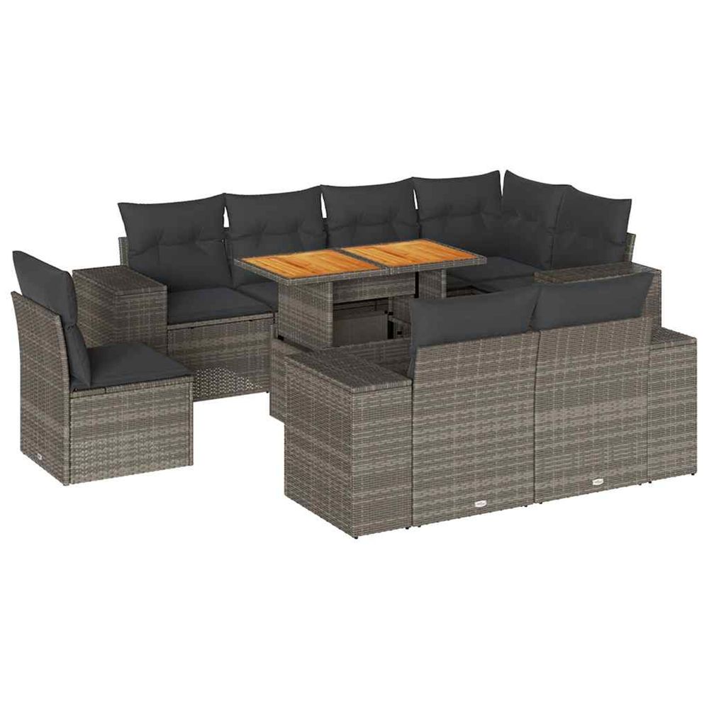 Salon de jardin 9 pcs avec coussins gris résine tressée