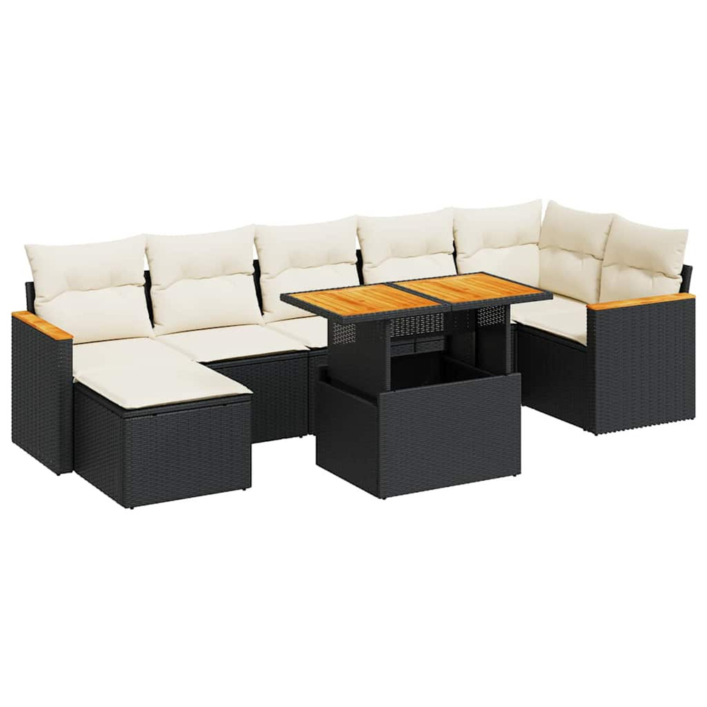 Salon de jardin avec coussins 8 pcs noir résine tressée acacia